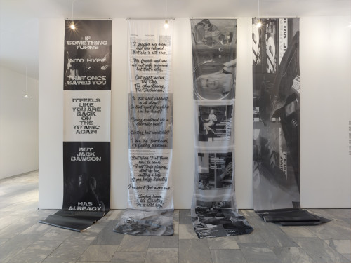 
     <i>In The Long Run</i>, 
     2016<br />
     Six inkjetprints on polyester, mesh and satin, 
     <br />
     Exhibition view Julia Stoschek Collection, Berlin, Germany, 2016