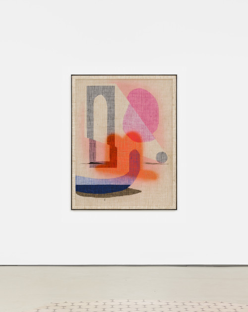 
     <i>Desire Paintings: Hail al Vento</i>, 
     2019<br />
     acrylic on wood and jute net, aluminum frame, 
      160 x 125 x 5 cm<br />
     