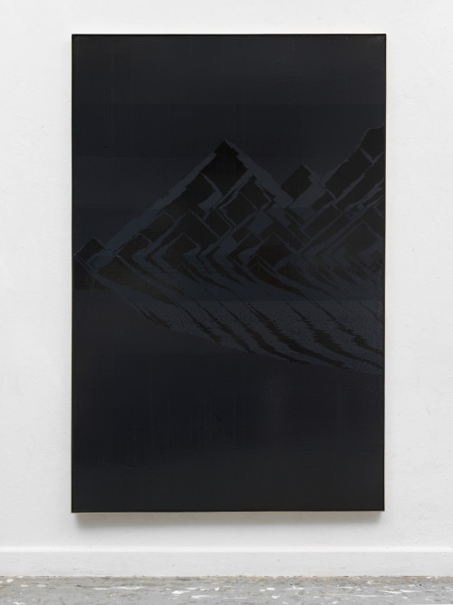 
     <i>Wanderlust. Eiger, Mönch und Jungfrau</i>, 
     2018<br />
     cassette tape on canvas, 
      196.5 x 128.5 x 5 cm<br />
     