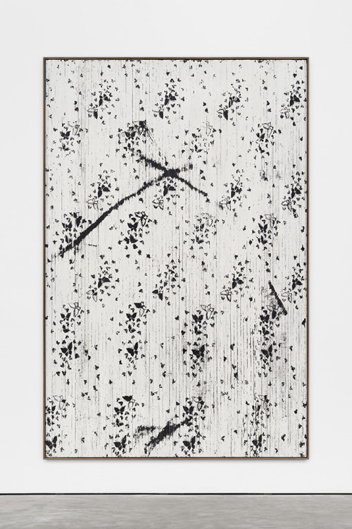 
     <i>there’s music on Clinton Street ... (L. Cohen)</i>, 
     2016<br />
     cassette tape and acrylic on canvas, 
      253 x 168 cm<br />
     