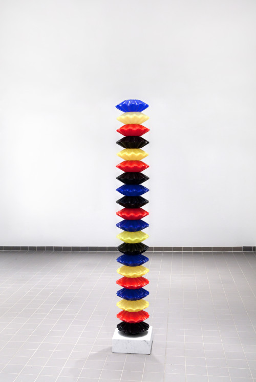 
     <i>Brancusi, Cadere</i>, 
     2018<br />
     compression-molded records, metal bar, marble plinth, 
      205 x 33 x 33 cm<br />
     