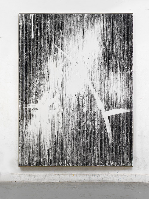 
     <i>Offene Türen</i>, 
     2017<br />
     magnetic vhs coating, adhesive tape and acrylic on canvas, 
      222 x 166 cm<br />
     