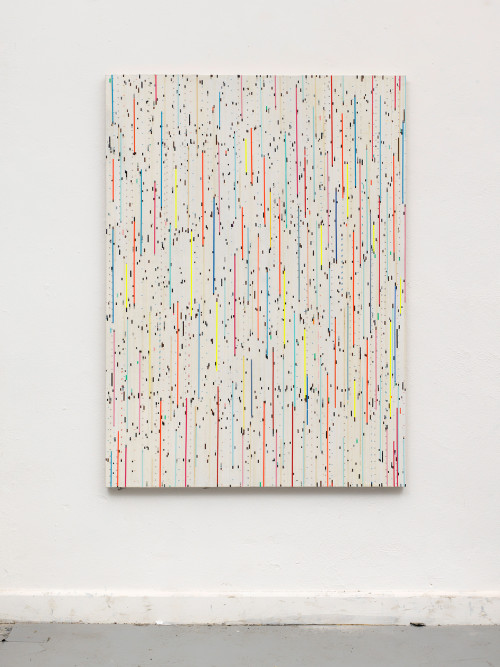 
     <i>Enden gehen und vergehen</i>, 
     2016<br />
     start and end of audio cassettes on canvas, 
      147 x 107 cm<br />
     