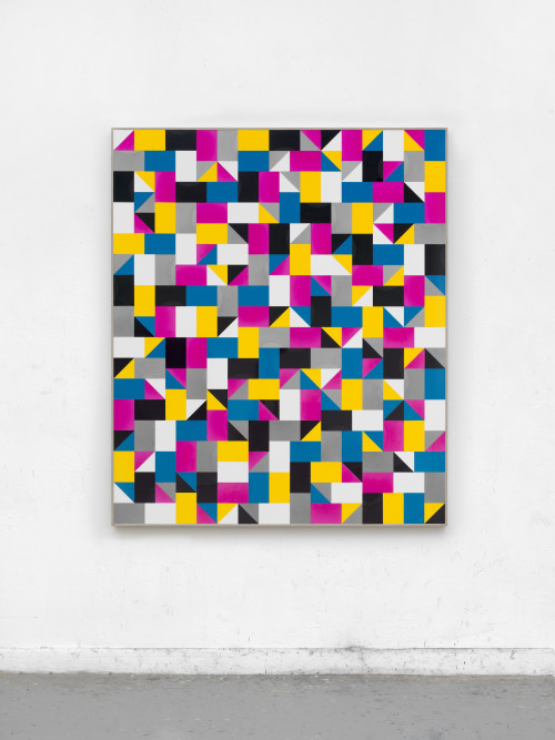 
     <i>lights shell sound (PAAR)</i>, 
     2018<br />
     cut vinyl records, canvas, wood, 
      154 x 131.5 cm<br />
     