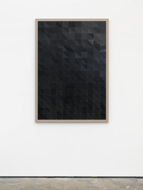 
     <i>Ein Eindruck eines Klangs</i>, 
     2015<br />
     cut records on canvas and wooden board, 
      143 x 102 cm<br />
     