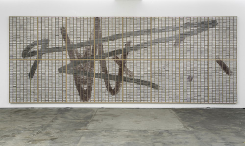 
     <i>Großer Kassettensetzkasten</i>, 
     2009<br />
     dispersion on cardboard, plastic in wooden case, 
      301 x 792 x 12 cm<br />
     