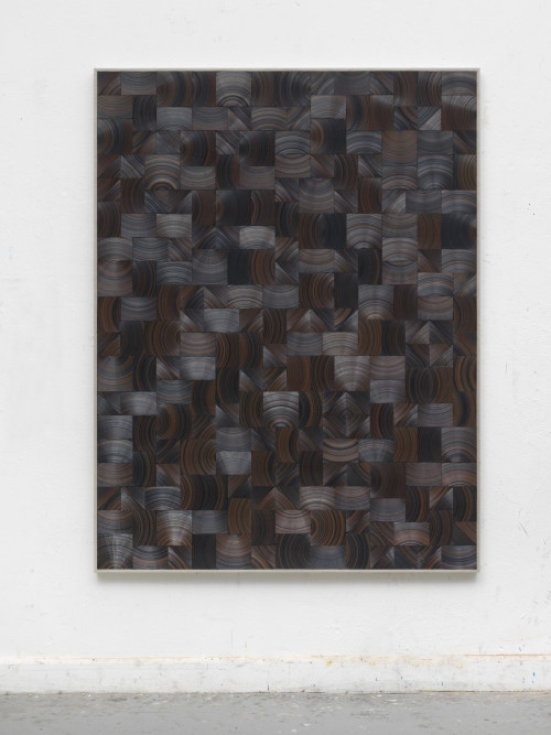 
     <i>Heide</i>, 
     2017<br />
     cassette tape and canvas on wood, 
      170 x 130 cm<br />
     