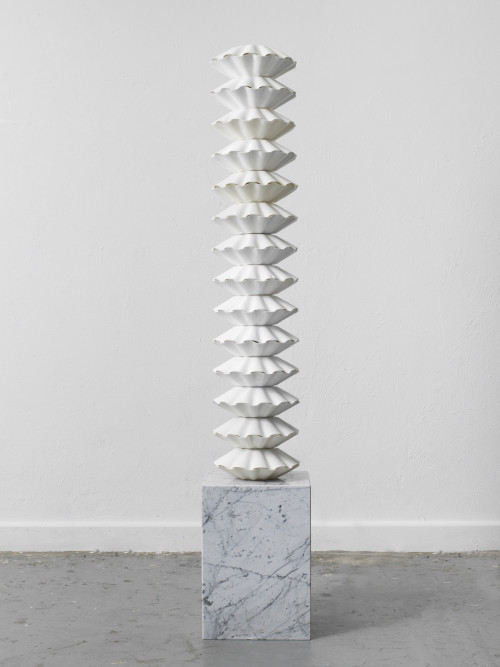 
     <i>White Line Fever</i>, 
     2018<br />
     compression-molded records, metal bar, marble plinth, 
      183,5 x 33 x 33 cm<br />
     