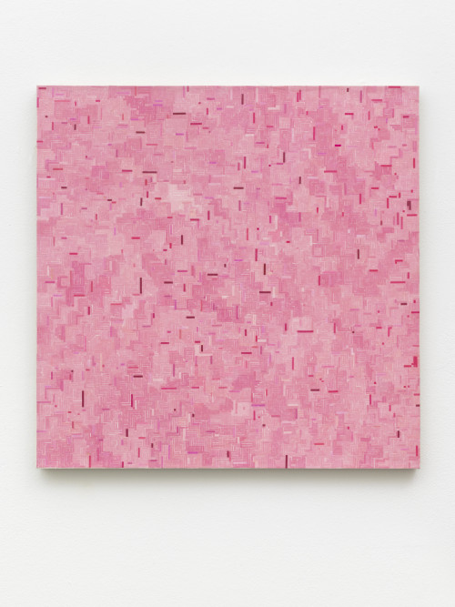 
     <i>Pink mich zu Ende</i>, 
     2018<br />
     start and end of audio cassettes and acrylic on canvas, 
      74 x 74 cm<br />
     