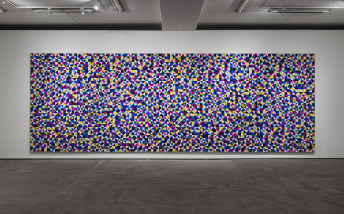 
     <i>Daddy you and I</i>, 
     2018<br />
     cut vinyl records, canvas, wood, 
      292 x 840 cm<br />
     