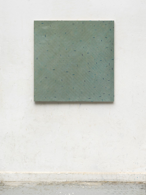
     <i>trüb grau ins blau</i>, 
     2017<br />
     start and end of audio cassettes on canvas, 
      97 x 97 cm<br />
     