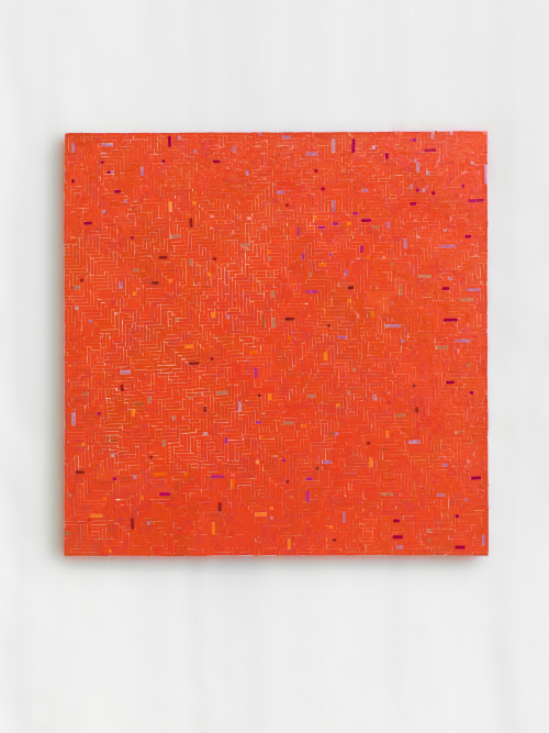 
     <i>wandert rot zu rot</i>, 
     2016<br />
     start and end of audio cassettes on canvas, 
      49 x 49 cm<br />
     