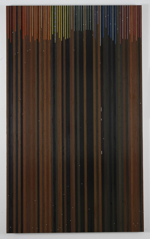 
     <i>In/ Rainbows (Reckoner: Radiohead)</i>, 
     2008<br />
     cassette tape and adhesive tape on canvas, 
      244 x 147 cm<br />
     