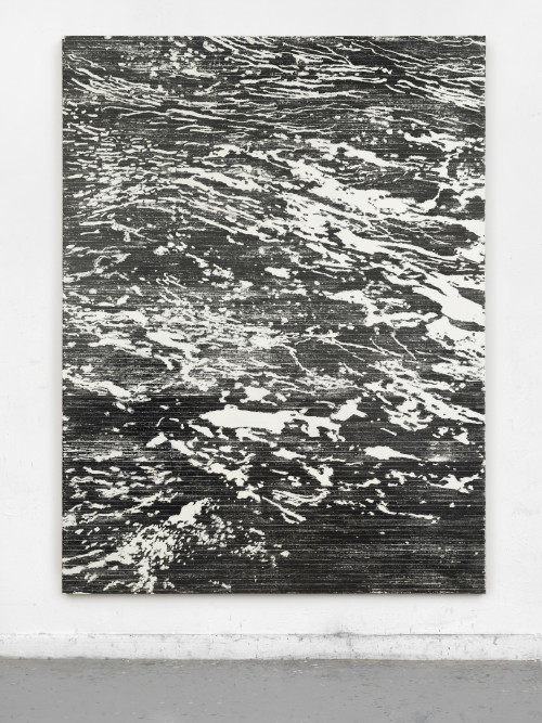 
     <i>schwere See, mein Herz</i>, 
     2018<br />
     magnetic vhs coating, adhesive tape, acrylic on canvas, 
      229 x 174 cm<br />
     