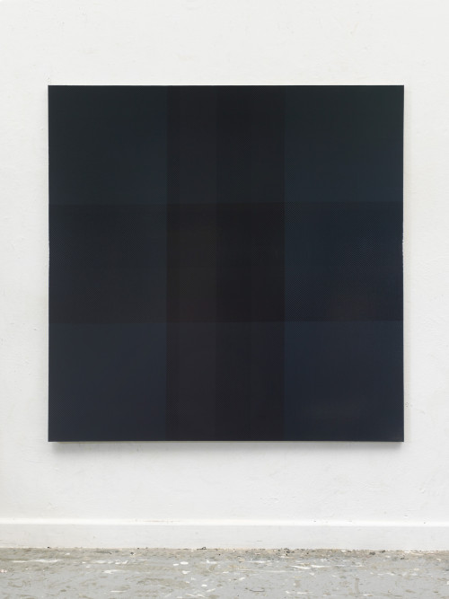 
     <i>Sie schreien in Chören doch keiner will sie hören (Malaria Geh Duschen)</i>, 
     2018<br />
     cassette tape on canvas, 
      152 x 152 cm<br />
     