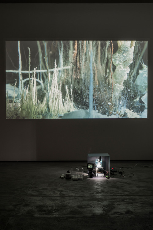 
     <i>Présage</i>, 
     2007 - 2013<br />
     Video HD from a Performance, Beaker chemicals, camera and live-screening, 
      4:50 min.<br />
     Exhibition view Wentrup, Berlin, Germany, 2014