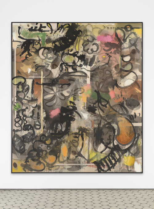 
     <i>Guilty Pleasure Mantis</i>, 
     2020<br />
     ink, acrylic, charcoal and oil pastel color on canvas, 
      230 x 200 cm<br />
     