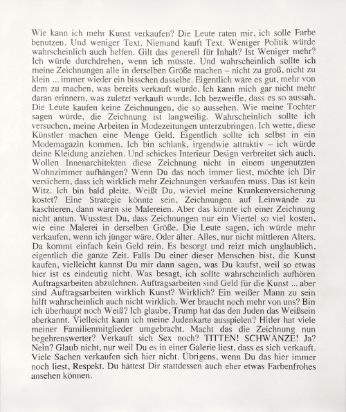 
     <i>Wie kann ich mehr Kunst verkaufen?</i>, 
     2018<br />
     pencil on paper, 
      132 x 109 cm<br />
     