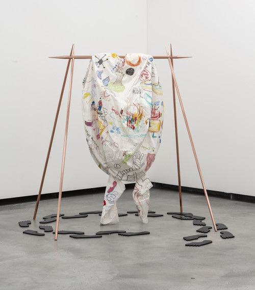 
     <i>body/ydob (a flayed mirage)</i>, 
     2012<br />
     in collaboration with pupils from the Nashorn-Klasse, Bremen, 
     <br />
     Installation view “BERLIN.STATUS [2]”, Künstlerhaus Betahnien, Berlin, Germany, 2013