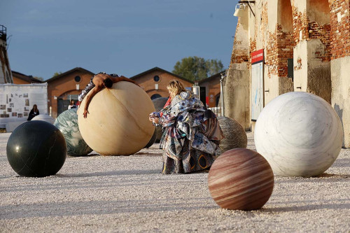 
     <i>Clouded in Veins: A Subjective Geography</i>, 
     2017<br />
     Performance by Mariechen Danz with Ronel Doual, Marko Lakobrija, Brandon Rosenbluth, “Viva Arte Viva” curated by Christine Macel, 57. Biennale di Venezia, Venice, Italy, 2017, 
      Installation “Pars pro Toto” by Alicja KwadeCostumes by Mariechen Danz, featuring Kerstin Brätschs “Unstable Talismanic Rendering”. Music by Gediminas Žygus & UNMAP<br />
     Photo: Dominik Bindl
