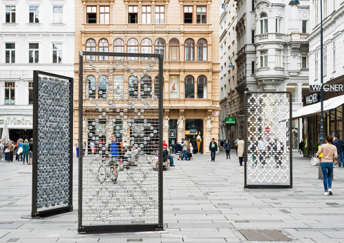 <i>Screen I–III</i>,
2016<br />
Cobblestones, steel frames, stainless steel grid; 310 x 150 x 15 cm,
Installation, Kunstplatz Graben, Vienna, Austria, 2016 (Photo by Iris Ranziger)<br />