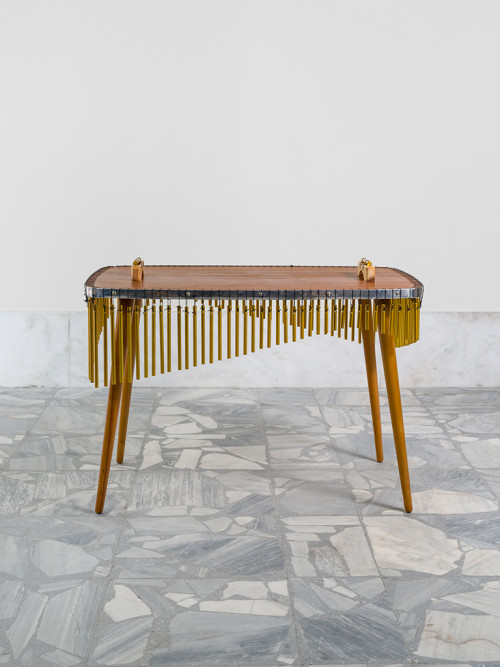 <i>Table Chimes (from the series Music Room, Athens)</i>,
2017<br />
wood, four sets of metal chimes,
66 x 90 x 57 cm<br />