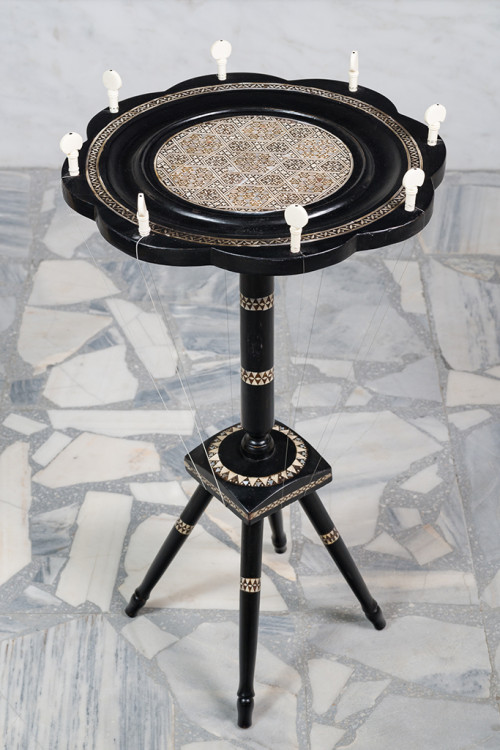 <i>Side Table Harp (from the series Music Room, Athens)</i>,
2017<br />
Wood, Harp strings, amplification option,
66 x Ø 40 cm<br />