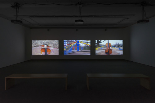 <i>Traces</i>,
2015<br />
3-channel video installation, HD video, each audio channel mono, each film 6 min,
<br />
Installation view, Wentrup, Berlin, Germany, 2015