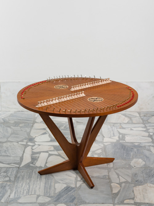 <i>Table Santouri (from the series Music Room, Athens)</i>,
2017<br />
Wood, strings, Santouri mechanism, two ornamental plates in horn,
58.5 x Ø 77,5 cm<br />