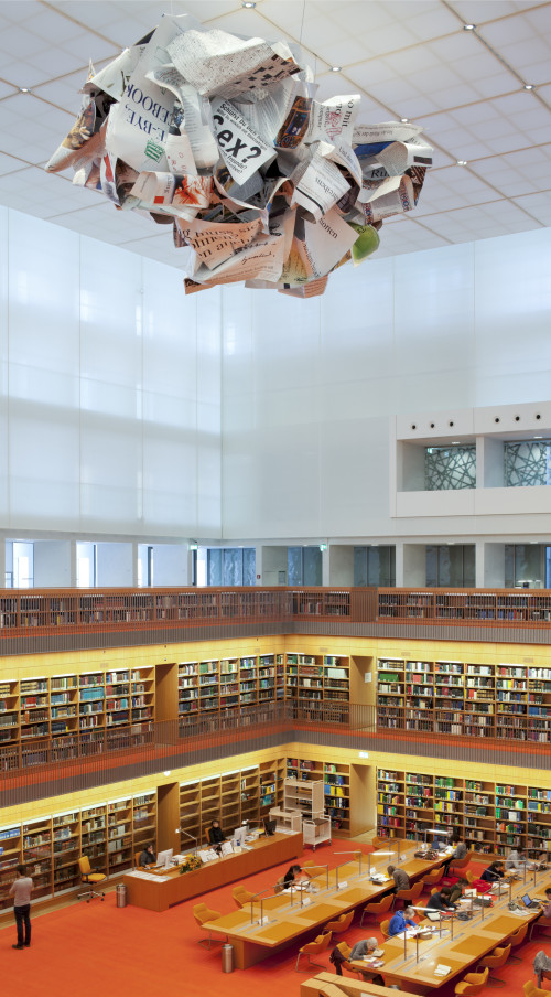 
     <i>Noch Fragen?</i>, 
     2012<br />
     Aluminium, stainless steel, digital print, 
      680 x 520 x 340 cm<br />
     Installation view Staatsbibliothek Berlin (Unter den Linden), Berlin, Germany, 2012