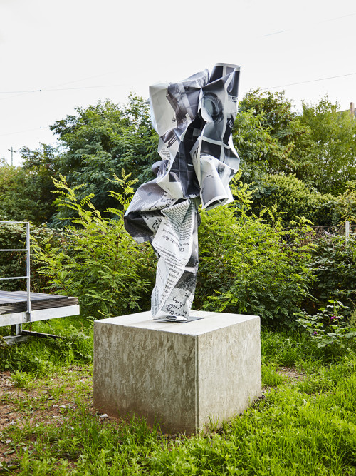 
     <i>Kafka usw.</i>, 
     2016<br />
     aluminium, stainless steel, digital print, persian granite, 
      240 x 100 x 100 cm<br />
     Installation view Sammlung Philara, Düsseldorf, Germany, 2018