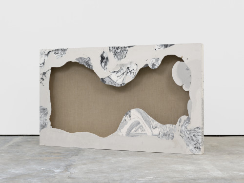 
     <i>remnant 2</i>, 
     2016<br />
     (backside)acrylic on canvas, jesmonite, pigments, wood, 
      136 x 227 x 17 cm<br />
     backside