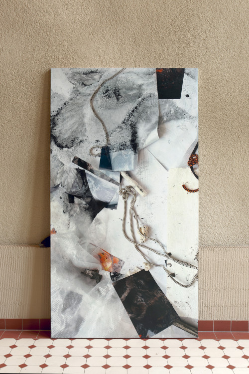 
     <i>the long sleep of amber 3</i>, 
     2021<br />
     UV direct print on pigmented jesmonite and ash, 
      227 x 122 x 4 cm<br />
     