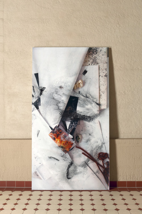 
     <i>the long sleep of amber 1</i>, 
     2021<br />
     UV direct print on pigmented jesmonite and ash, 
      227 x 122 x 4 cm<br />
     