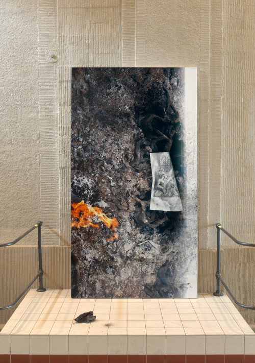 
     <i>the long sleep of amber 2</i>, 
     2021<br />
     UV direct print on pigmented jesmonite and ash, 
      227 x 122 x 4 cm<br />
     