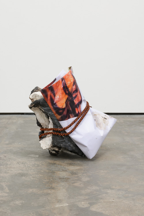 
     <i>mid fall 1</i>, 
     2016<br />
     porcelain, black grog, paper, rope, 
      58 x 49 x 56 cm<br />
     