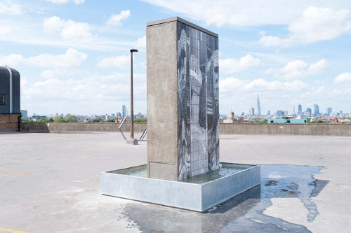 
     <i>FOUNTAIN I</i>, 
     2012<br />
     concrete, wood, ceramics, zinc, pump, water, 
      350 x 250 x 280 cm<br />
     Installation view Bold Tendencies, London, Great Britain, 2012