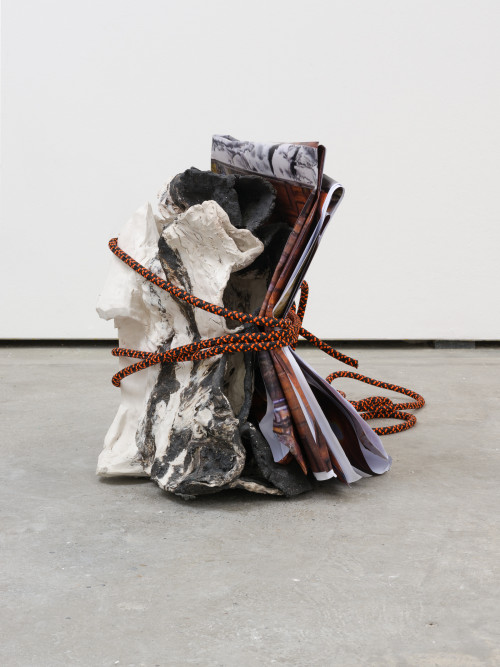 
     <i>mid fall 4,</i>, 
     2016<br />
     porcelain, black grog, paper, rope, 
      63 x 48 x 48 cm<br />
     