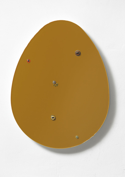 
     <i>Untitled (egg / dark ochre)</i>, 
     2016<br />
     epoxy, glass on wood, 
      72 x 56 x 7 cm<br />
     
