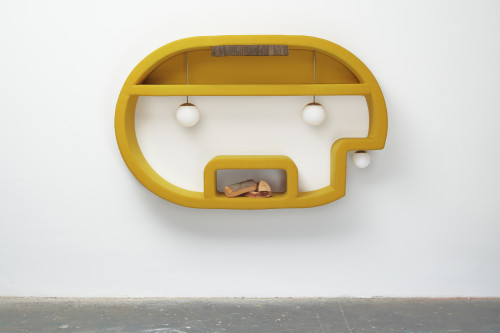 
     <i>jene 1</i>, 
     2019<br />
     wood, foam, upholstery fabric, horsehair, sphere lamps, logs, 
      138 x 218 x 40 cm<br />
     