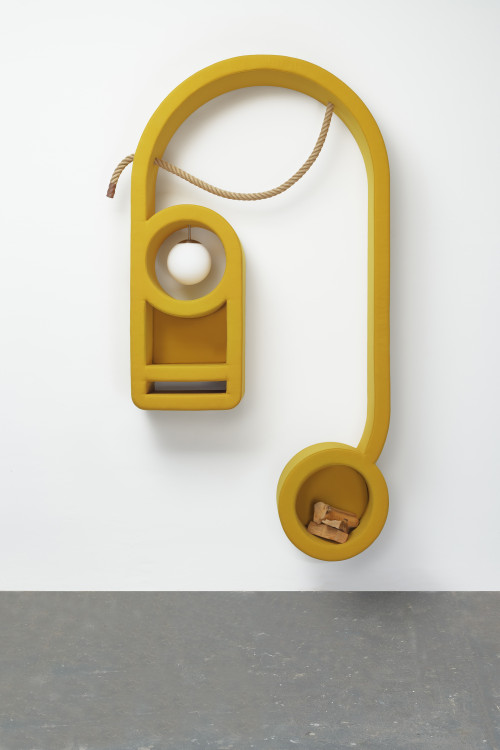 
     <i>jene 4</i>, 
     2019<br />
     wood, foam, upholstery fabric, sphere lamp, logs, hemp ropes, rubber, 
      272 x 138 x 40 cm<br />
     