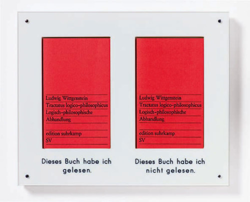 
     <i>Dieses Buch habe ich gelesen - Dieses Buch habe ich nicht gelesen</i>, 
     1970<br />
      
     <br />
     This book I have read – this book I haven’t read. 2 copies of the book Tractatus logico-philosophicus. Logisch-Philosophische Abhandlung by Ludwig Wittgenstein. Before” and after: explaining the identical and the similar, or “content” (the text) and “form” (the book)