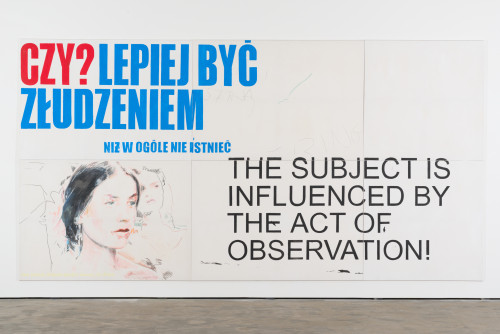 
     <i>The subject (is influenced by the action of observation)</i>, 
     2013<br />
     Acrylic and pastel on canvas, 
      280 x 540 cm<br />
     