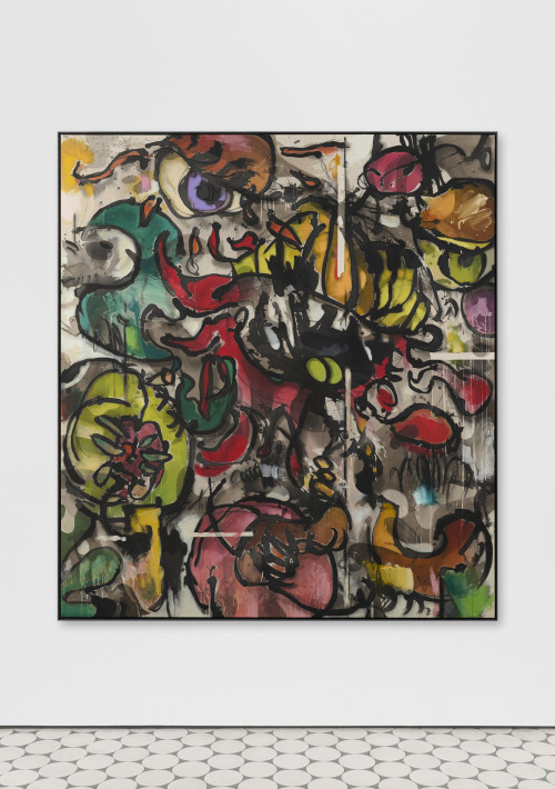 JAN-OLE SCHIEMANN<br /><i>Attacke aus dem Obstsalat</i>, 2021<br />Ink, acrylic, charcoal and oil pastel color on canvas, 202 x 183 cm<br />