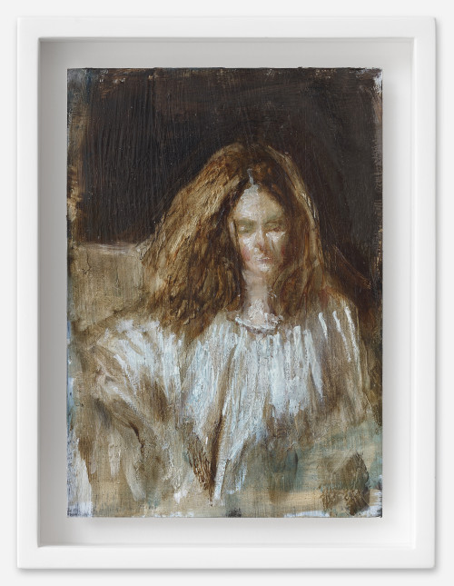 <i>Mercedés</i>, 2021<br />oil on postcard, 18 x 13,5 cm (framed)<br />