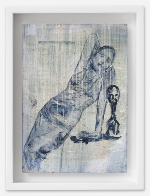 <i>Posierende</i>, 2021<br />oil on postcard, 18 x 13,5 cm (framed)<br />