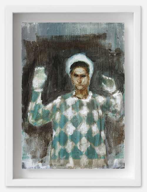 <i>Clown in Grün</i>, 2021<br />oil on postcard, 18 x 13,5 cm (framed)<br />