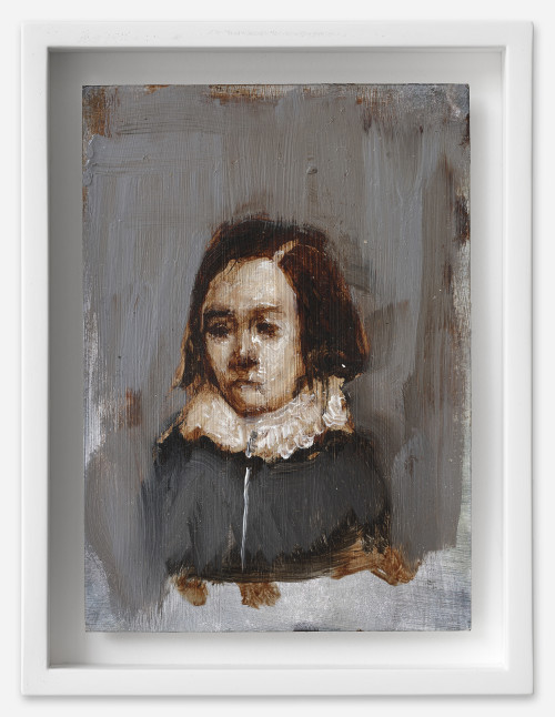 <i>Knabe mit Kragen</i>, 2021<br />oil on postcard, 18 x 13,5 cm (framed)<br />