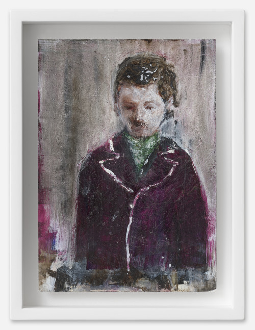<i>Mann in Mantel</i>, 2021<br />oil on postcard, 18 x 13,5 cm (framed)<br />
