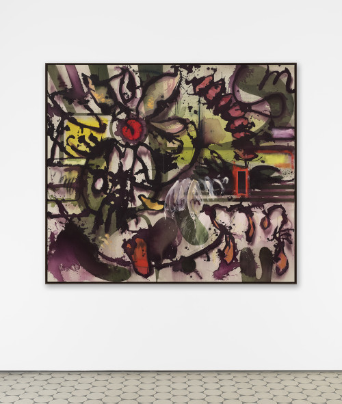 <i>By Golly! (Bleibtreu)</i>, 2022<br />Ink, acrylic, oil paint on canvas, 140 x 160 cm<br />